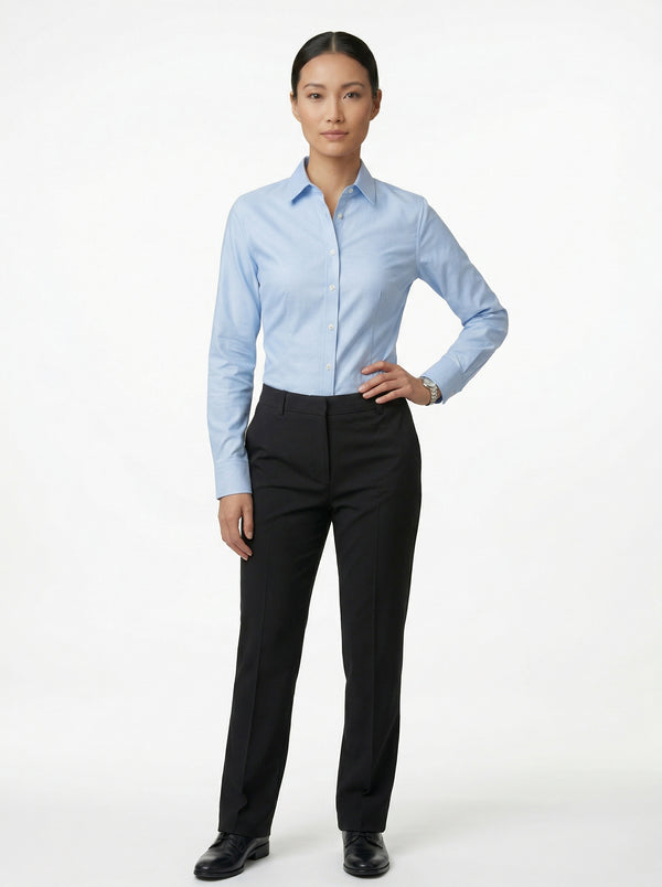 Camisa Formal Azul y Pantalón Dril Negro Mujer | Uniforme Profesional