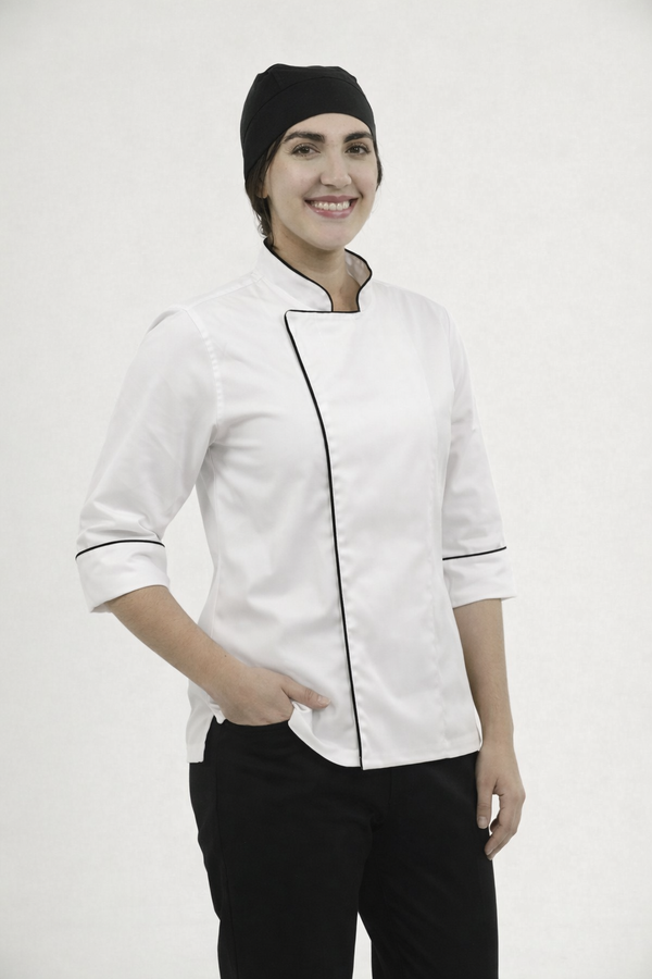 Combo Chef Chaqueta Blanca, Pantalón Negro y Cofia Negra Mujer | Uniforme Profesional