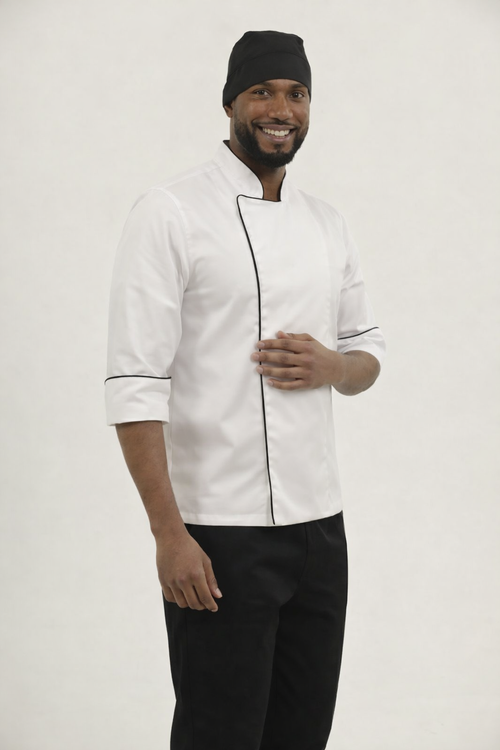 Combo Chef Chaqueta Blanca, Pantalón Negro y Cofia Negra Hombre | Uniforme Profesional