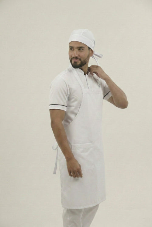 Combo Camisa Antifluido Blanca, Pantalón Antifluido Blanco, Delantal Antifluido Blanco y Cofia Antifluido Blanca Hombre | Uniforme Profesional
