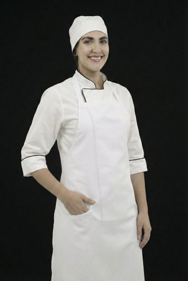 Combo Chef Chaqueta Blanca, Pantalón Blanco, Delantal Blanco y Cofia Blanca Mujer | Uniforme Profesional