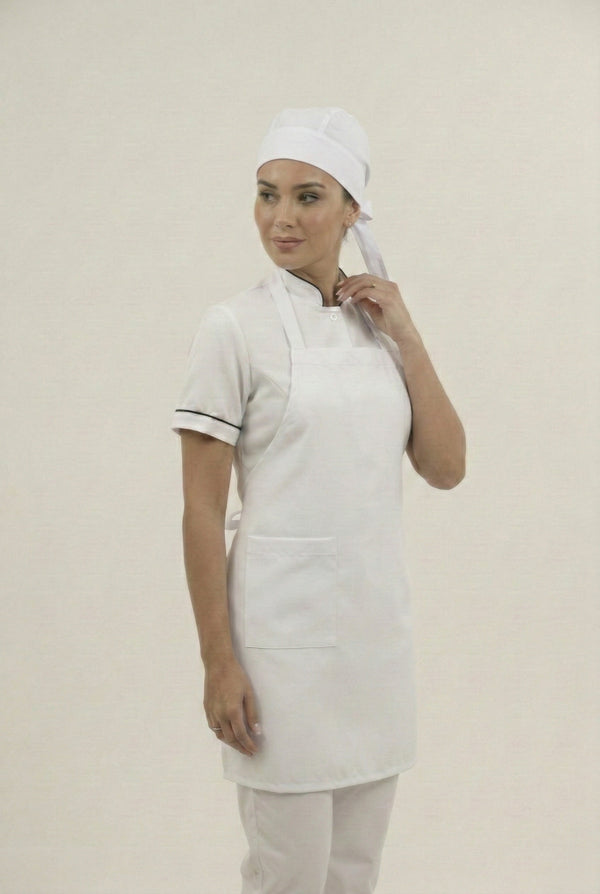 Combo Uniforme Antifluido Mujer: Camisa, Pantalón, Delantal y Cofia Blancos