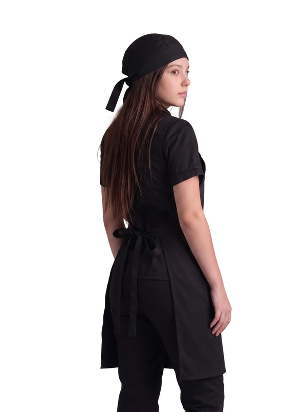 Combo Camisa Antifluido Negra, Pantalón Antifluido Negra, Delantal Antifluido Negro y Cofia Antifluido Negra Mujer | Uniforme Profesional