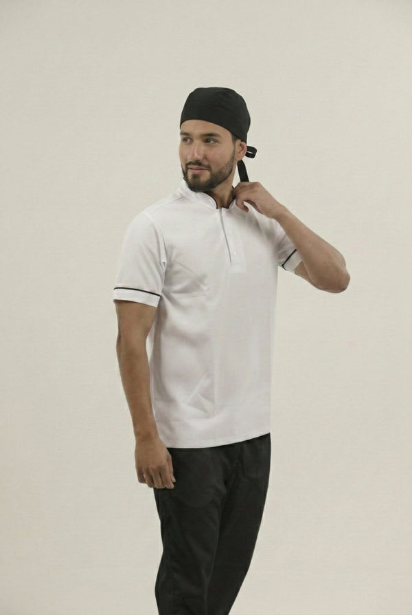 Combo Camisa Antifluido Blanca, Pantalón Antifluido Negro y Cofia Antifluido Negra Hombre | Uniforme Profesional