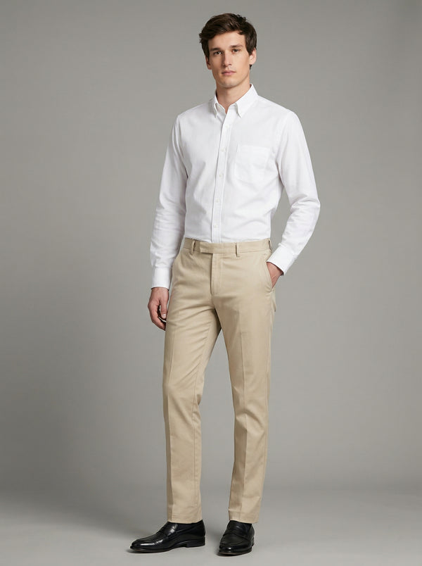 Camisa Formal Blanca Manga Larga y Pantalón Dril Beige Hombre | Uniforme Profesional