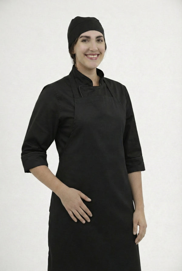Combo Chef Chaqueta Negra, Pantalón Negro, Delantal Negro y Cofia Negra Mujer | Uniforme Profesional