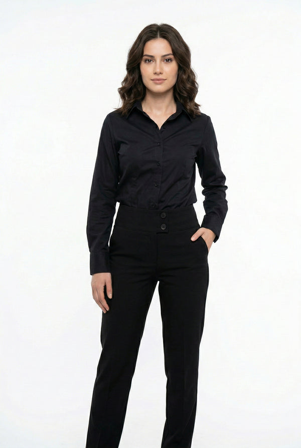 Camisa Formal Manga Larga Negra y Pantalón Negro Mujer | Uniforme Profesional