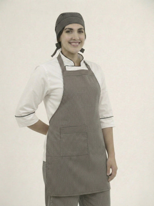 Combo Chef Chaqueta Blanca, Pantalón de Rayas, Delantal de Rayas y Cofia de Rayas Mujer | Uniforme Profesional