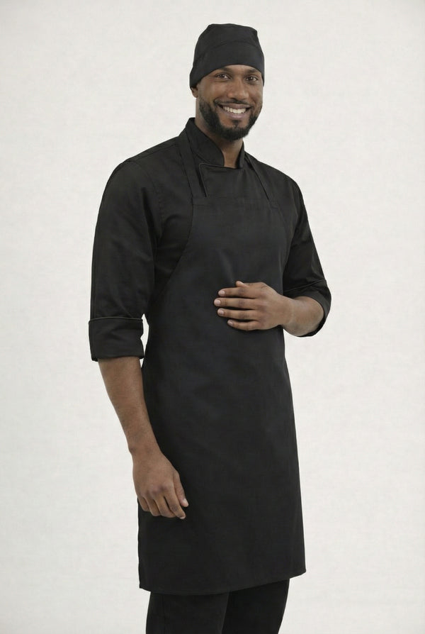 Combo Chef Chaqueta Negra, Pantalón Negro, Delantal Negro y Cofia Negra Hombre | Uniforme Profesional