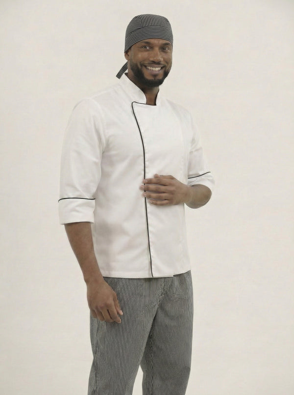 Combo Chef Chaqueta Blanca, Pantalón de Rayas y Cofia de Rayas Hombre | Uniforme Profesional