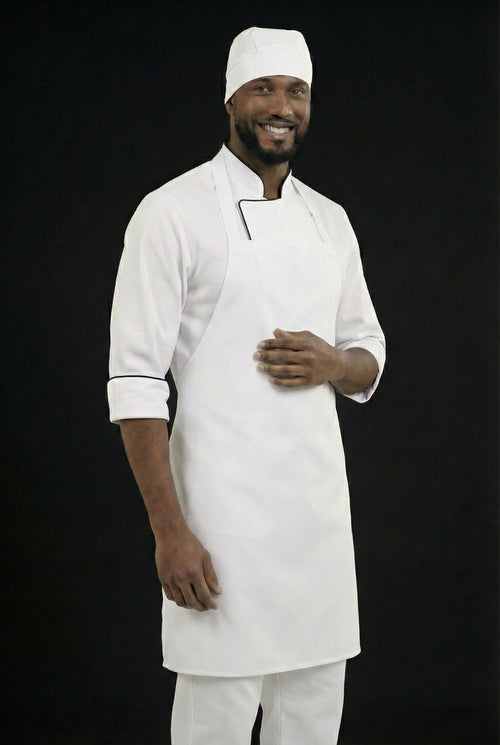 Combo Chef Chaqueta Blanca, Pantalón Blanco, Delantal Blanco y Cofia Blanca Hombre | Uniforme Profesional
