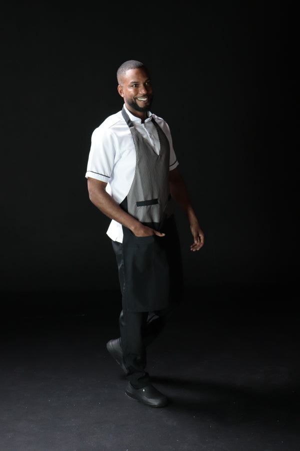 Combo Camisa Antifluido Blanca, Pantalón Antifluido Negro y Delantal Antifluido tipo Chaleco Hombre | Uniforme Profesional