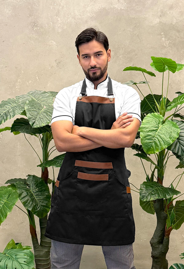 Delantal Peto Dril Negro con Cuerina | Uniforme Cocina