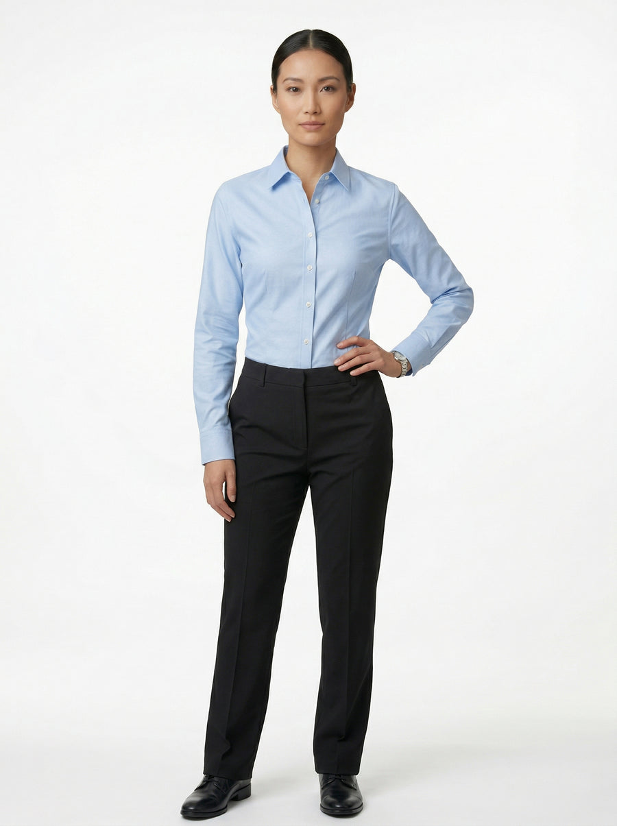 Camisa Formal Azul y Pantalón Dril Negro Mujer | Uniforme Profesional