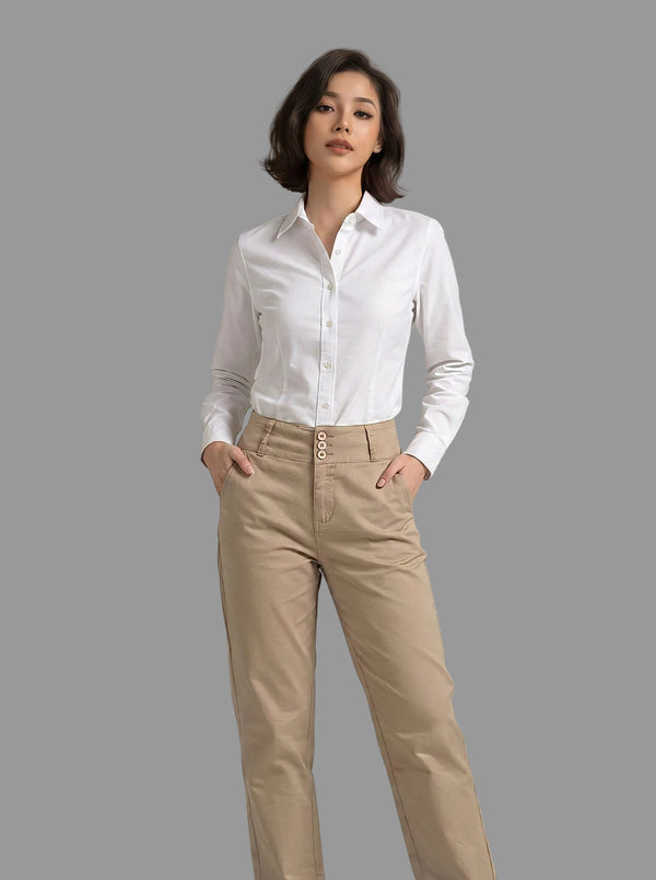 Camisa Formal Blanca Manga Larga y Pantalón Dril Beige Mujer | Uniforme Profesional