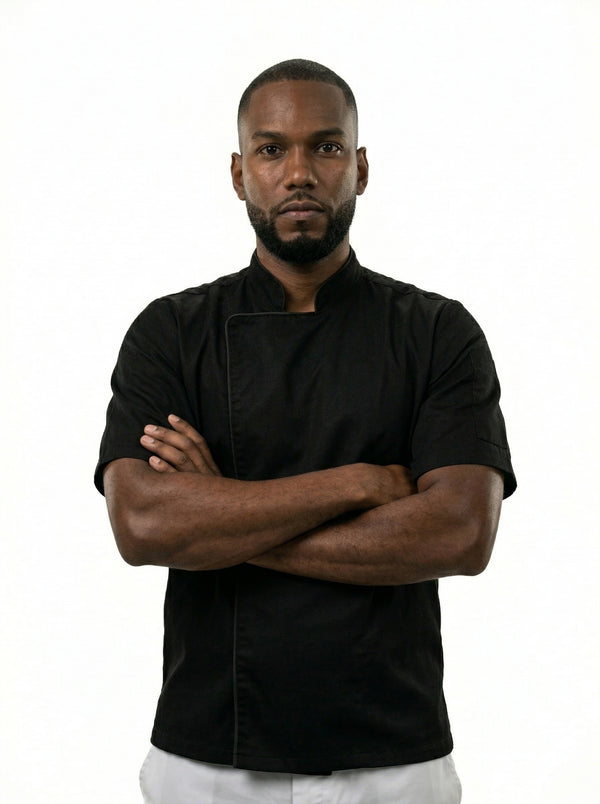 Chaqueta de Chef Manga Corta en Gabardina Negro | Cocina Profesional Hombre