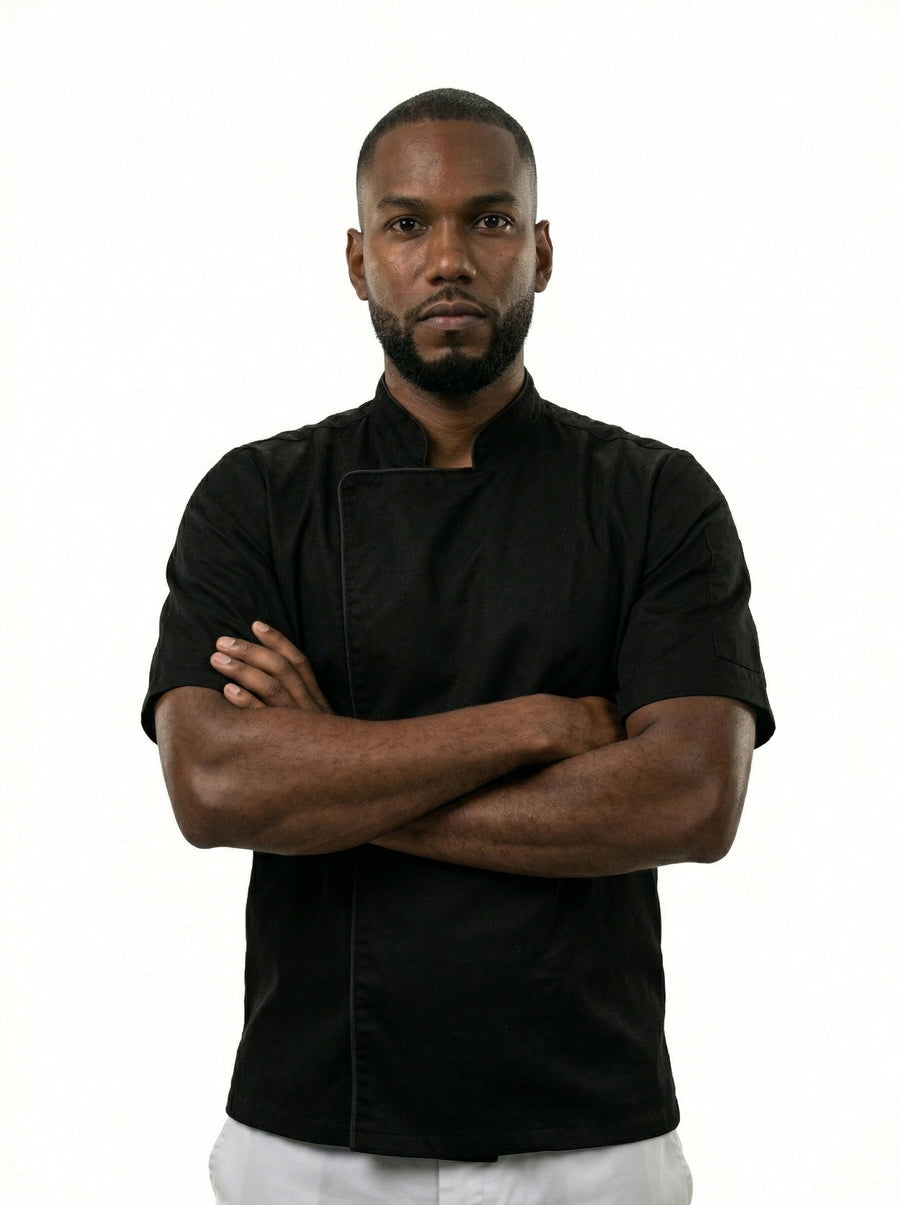 CHAQUETA CHEF MANGA CORTA EN GABARDINA NEGRA HOMBRE