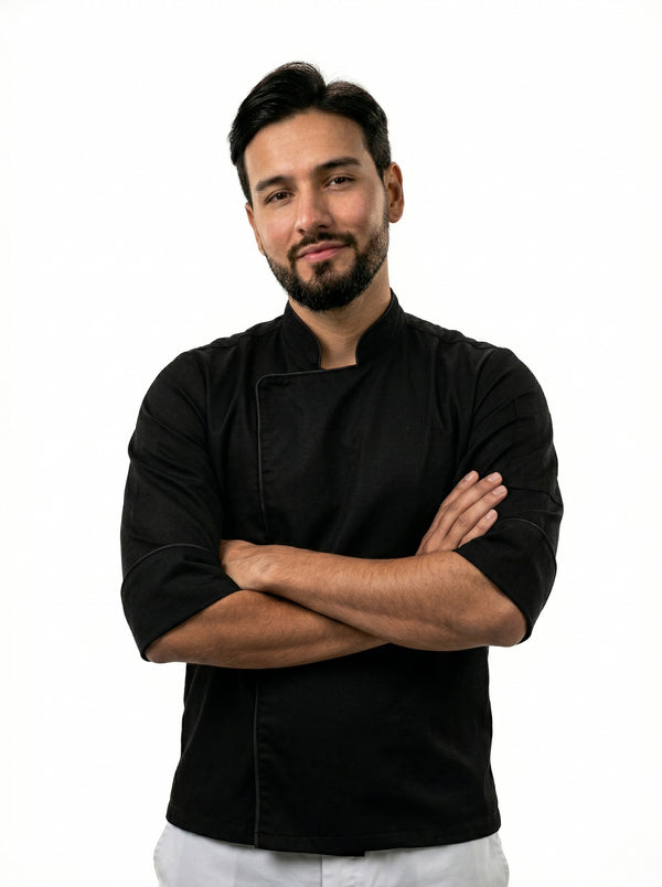 Chaqueta de Chef Manga 3/4 en Gabardina Negro | Cocina Profesional Hombre