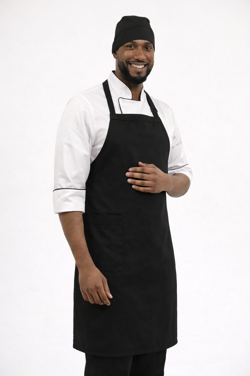 Combo Chef Chaqueta Blanca, Pantalón Negro, Delantal Negro y Cofia Negra Hombre | Uniforme Profesional