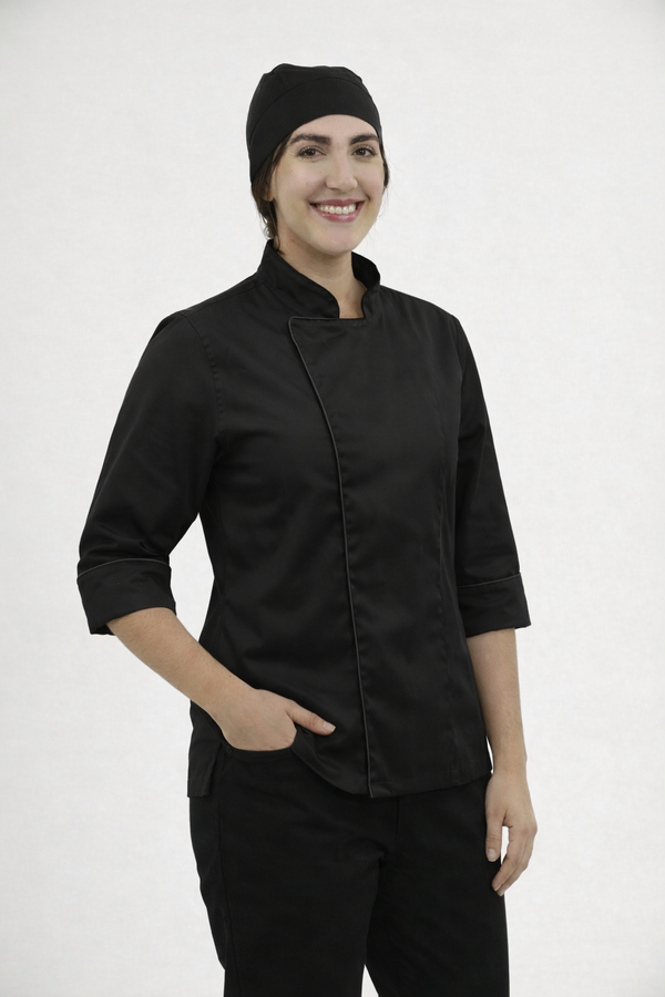 Combo Chef Chaqueta Negra, Pantalón Negro y Cofia Negra Mujer | Uniforme Profesional