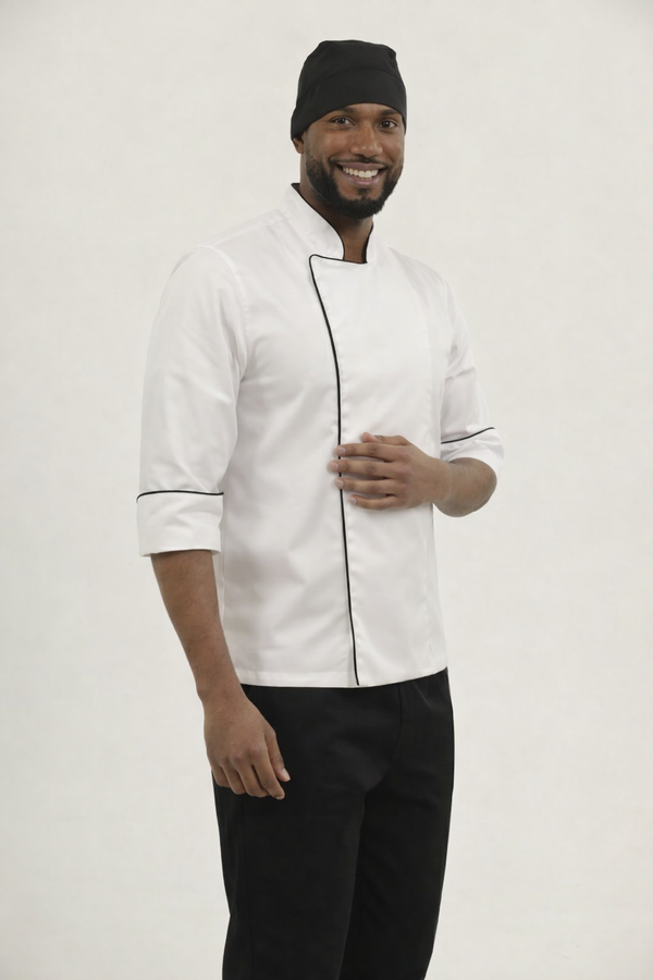Combo Chef Chaqueta Blanca, Pantalón Negro y Cofia Negra Hombre | Uniforme Profesional