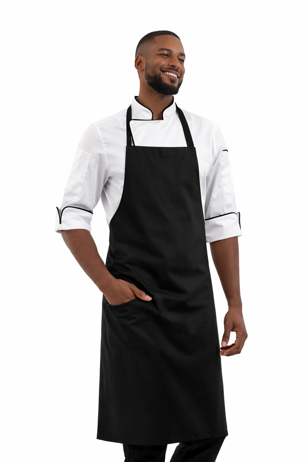 Combo Chef Chaqueta Blanca, Pantalón Negro y Delantal Negro Hombre | Uniforme Profesional