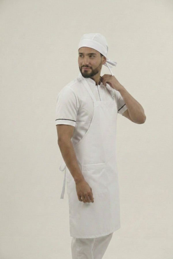 Combo Camisa Antifluido Blanca, Pantalón Antifluido Blanco, Delantal Antifluido Blanco y Cofia Antifluido Blanca Hombre | Uniforme Profesional