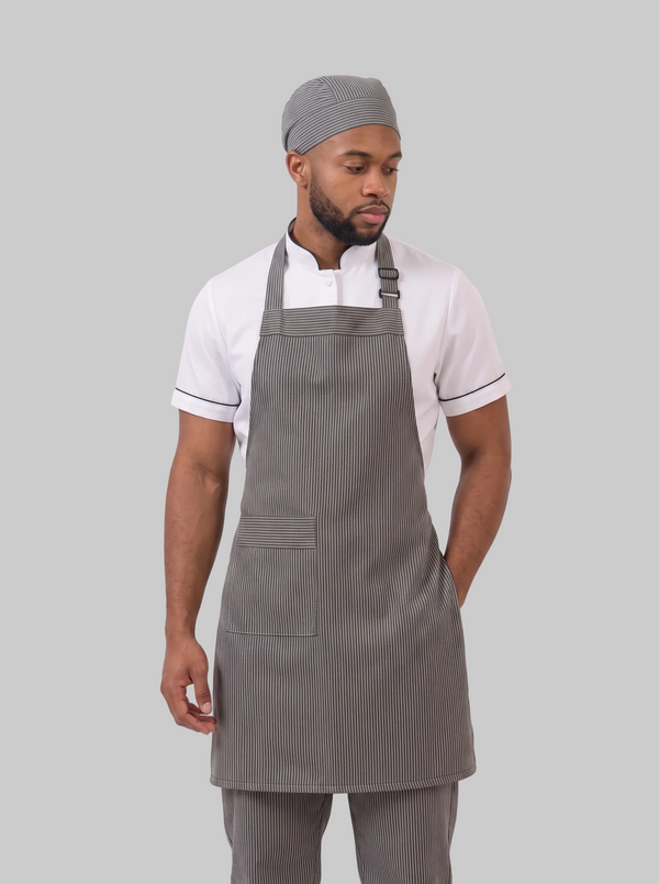 Combo Camisa Antifluido Blanca, Pantalón Antifluido Rayas, Delantal antifluido Rayas y Cofia Antifluido Rayas Hombre | Uniforme Profesional