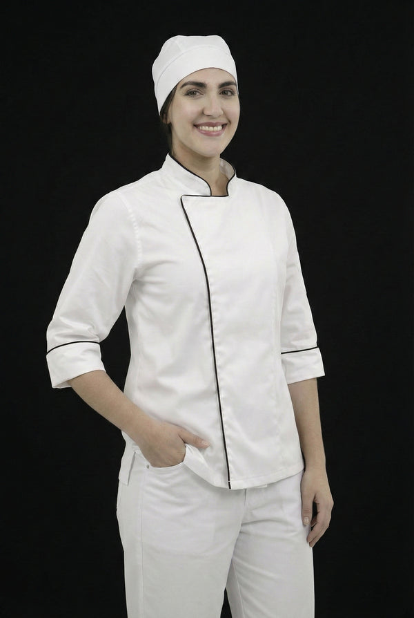 Combo Chef Chaqueta Blanca, Pantalón Blanco y Cofia Blanca Mujer | Uniforme Profesional