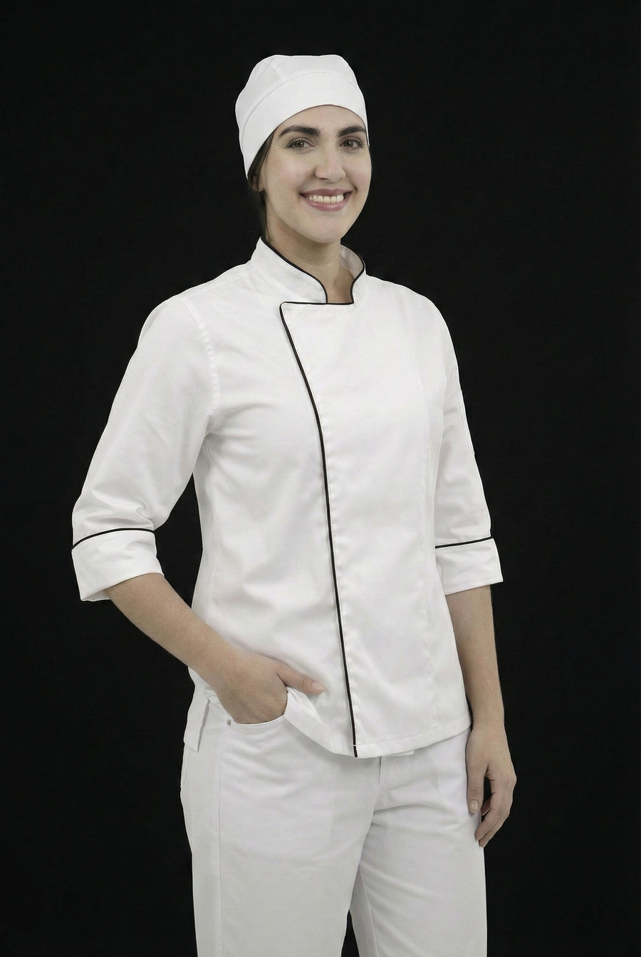 Combo Chef Chaqueta Blanca, Pantalón Blanco y Cofia Blanca Mujer | Uniforme Profesional