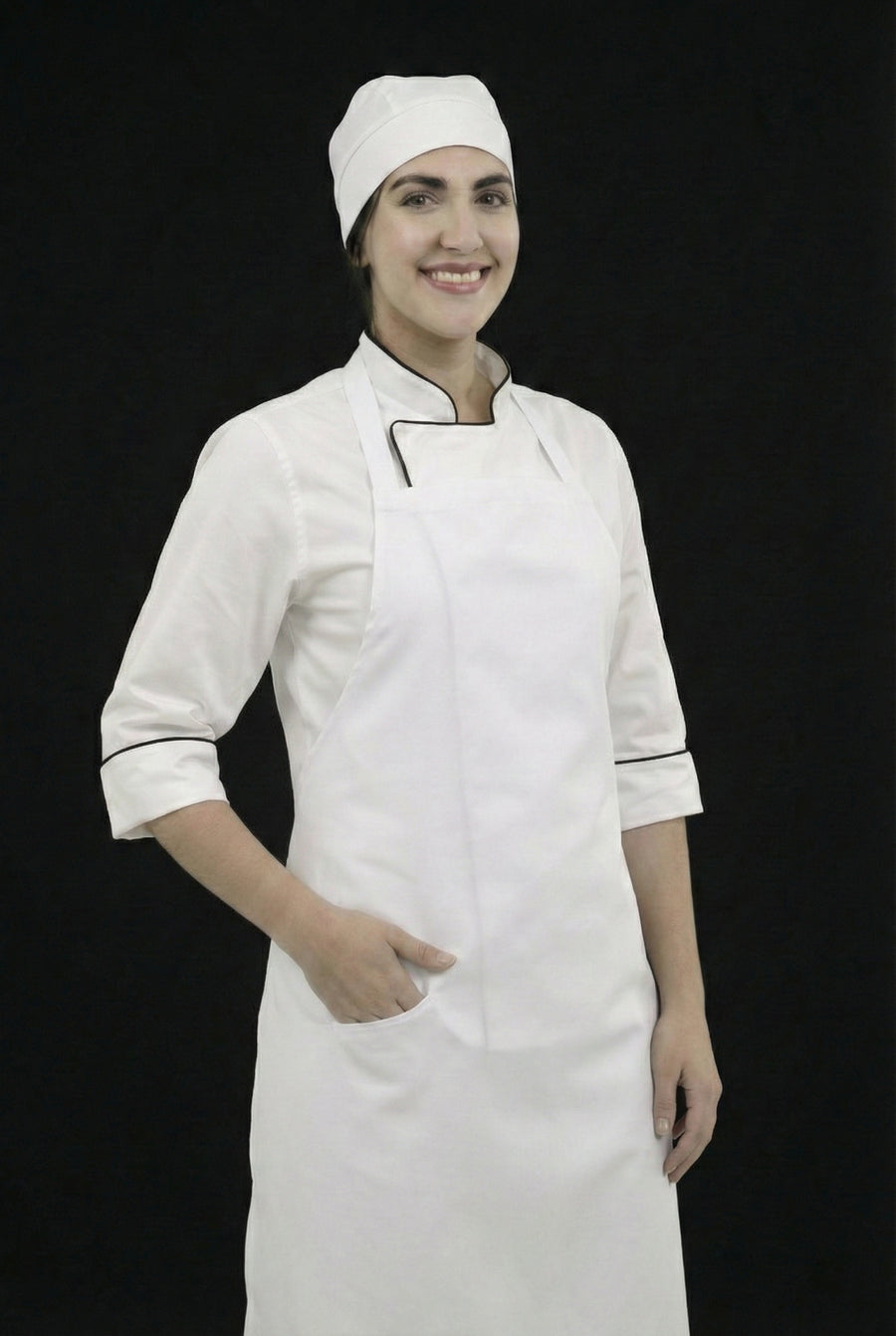 Combo Chef Chaqueta Blanca, Pantalón Blanco, Delantal Blanco y Cofia Blanca Mujer | Uniforme Profesional
