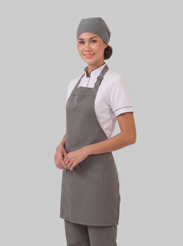 Combo Camisa Antifluido Blanca, Pantalón Antifluido Rayas, Delantal Antifluido Rayas y Cofia Antifluido Rayas Mujer | Uniforme Profesional