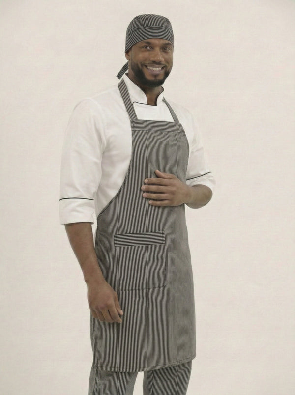 Combo Chef Chaqueta Blanca, Pantalón de Rayas, Delantal de Rayas y Cofia de Rayas Hombre | Uniforme Profesional