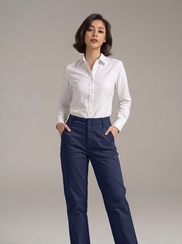 Camisa Formal Blanca Manga Larga y Pantalón Dril Azul Oscuro Mujer | Uniforme Profesional