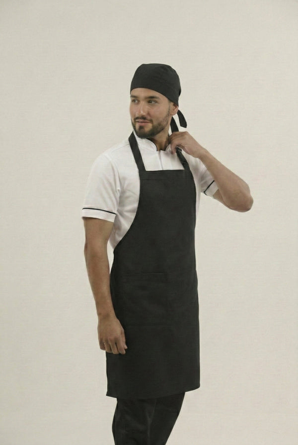 Combo Uniforme Antifluido Hombre: Camisa Blanca, Pantalón, Delantal y Cofia Negros