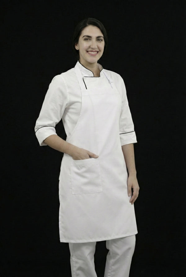 Combo Chef Chaqueta Blanca, Pantalón Blanco y Delantal Blanco Mujer | Uniforme Profesional