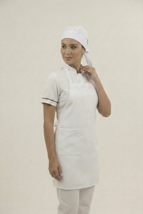 Combo Uniforme Antifluido Mujer: Camisa, Pantalón, Delantal y Cofia Blancos