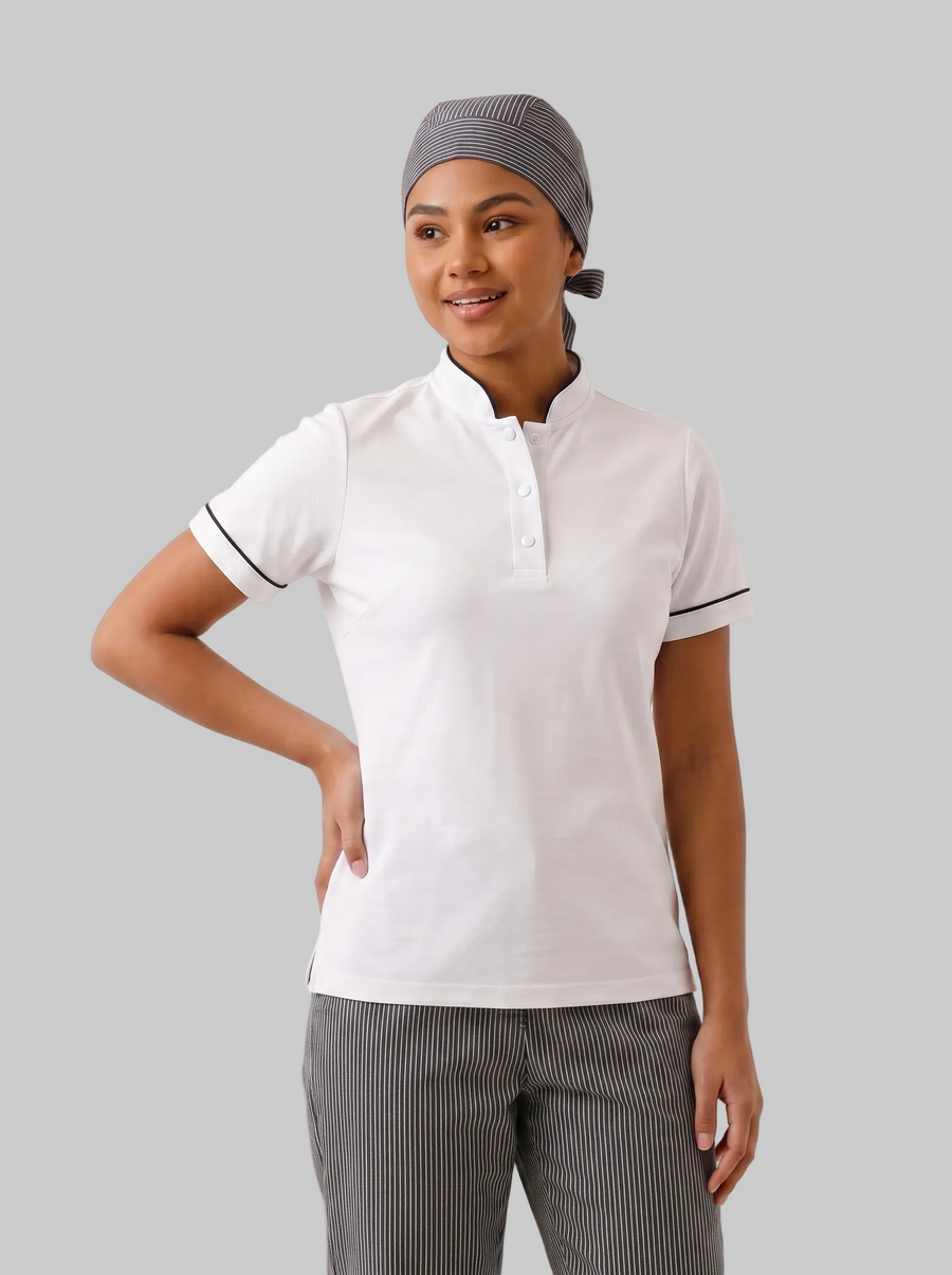 Combo Camisa Antifluido Blanca, Pantalón Antifluido Rayas y Cofia Antifluido Rayas Mujer | Uniforme Profesional