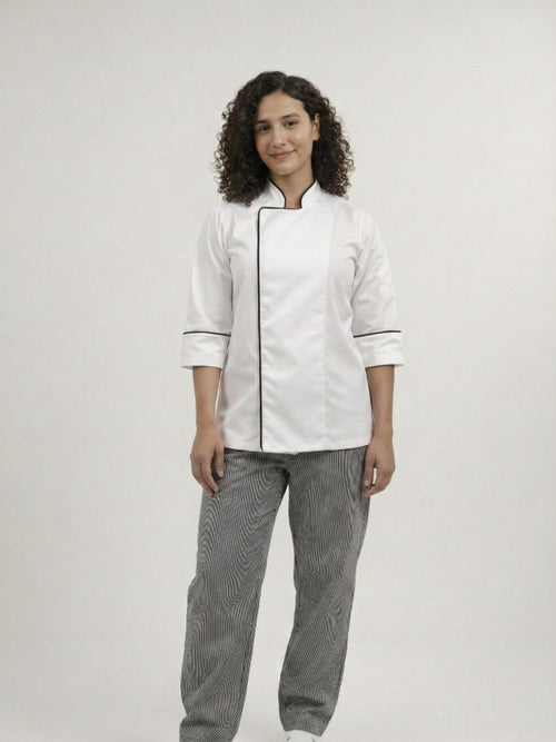 Combo Chef Chaqueta Blanca y Pantalón de Rayas Mujer | Uniforme Profesional