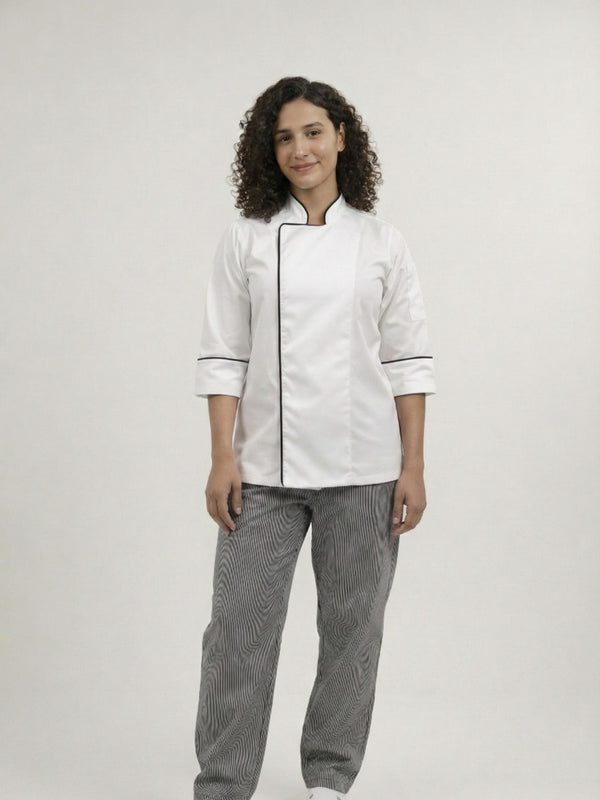 Combo Chef Chaqueta Blanca y Pantalón de Rayas Mujer | Uniforme Profesional