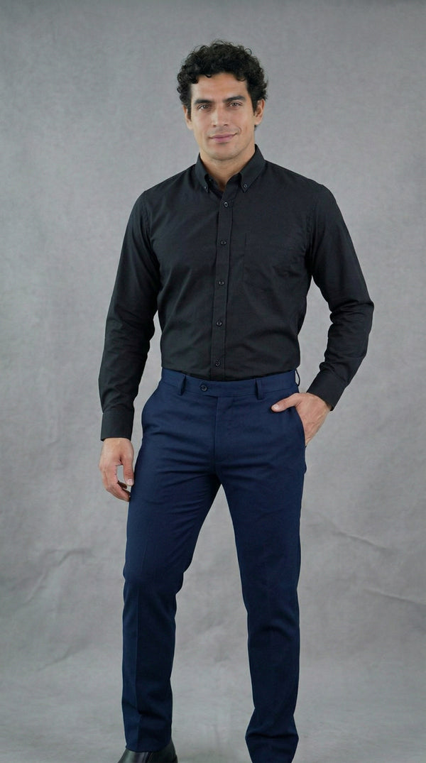 Camisa Formal Negra Manga Larga y Pantalón Dril Azul Oscuro Hombre | Uniforme Profesional