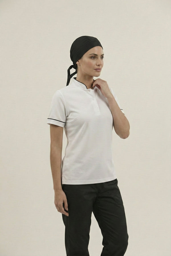 Combo Camisa Antifluido Blanca, Pantalón Antifluido Negro y Cofia Antifluido Negra Mujer | Uniforme Profesional