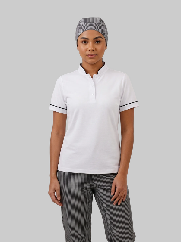 Combo Camisa Antifluido Blanca, Pantalón Antifluido Rayas y Cofia Antifluido Rayas Mujer | Uniforme Profesional