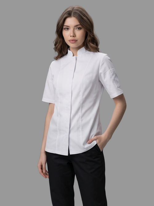 Combo Chef Camisa Gabardina Blanca y Pantalón Antifluido Negro Mujer | Uniforme Profesional