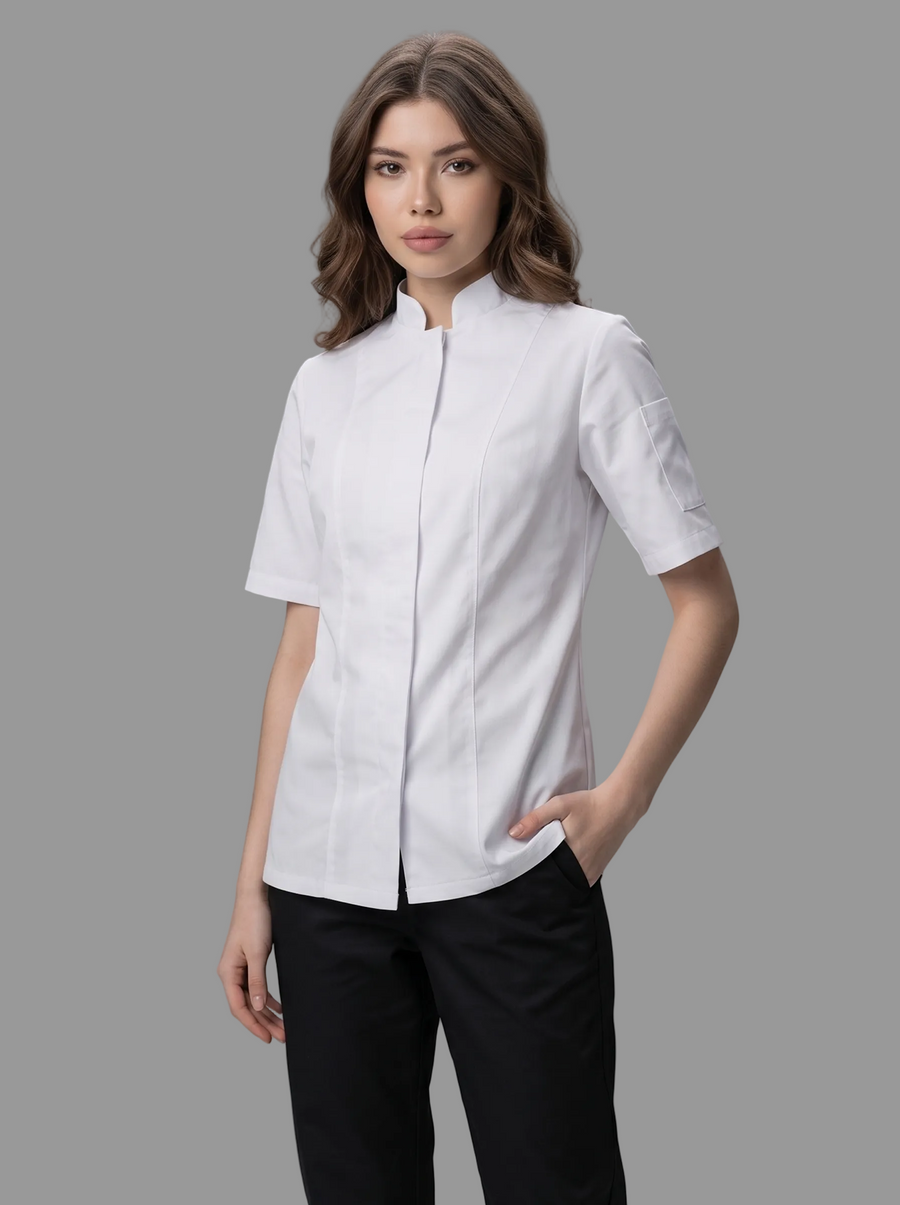 Combo Chef Camisa Gabardina Blanca y Pantalón Antifluido Negro Mujer | Uniforme Profesional
