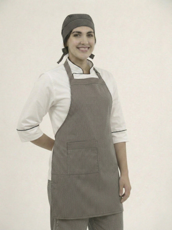 Combo Chef Chaqueta Blanca, Pantalón de Rayas, Delantal de Rayas y Cofia de Rayas Mujer | Uniforme Profesional