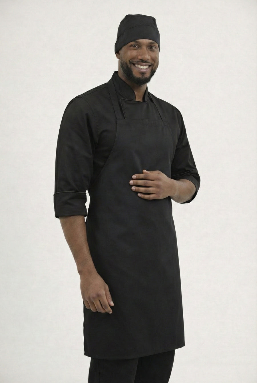 Combo Chef Chaqueta Negra, Pantalón Negro, Delantal Negro y Cofia Negra Hombre | Uniforme Profesional