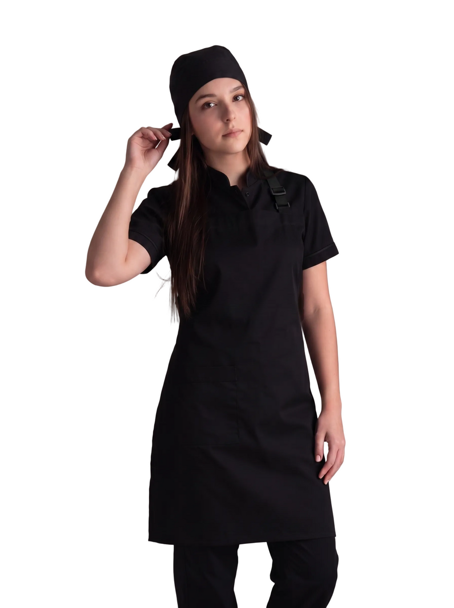 Combo Camisa Antifluido Negra, Pantalón Antifluido Negra, Delantal Antifluido Negro y Cofia Antifluido Negra Mujer | Uniforme Profesional