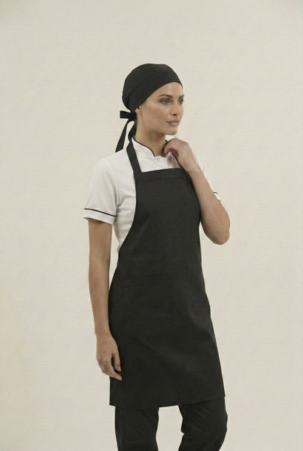 Combo Uniforme Antifluido Mujer: Camisa Blanca, Pantalón, Delantal y Cofia Negros