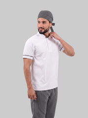 Combo Camisa Antifluido Blanca, Pantalón Antifluido Rayas y Cofia Antifluido Rayas Hombre | Uniforme Profesional